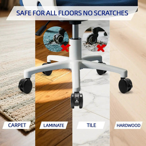 Brake Twin Caster Wheels For Chairs shown on various floor types, displaying smooth silent rollers and black finish, set of 5.