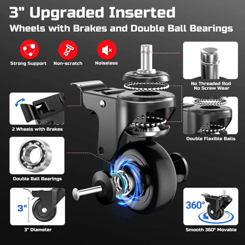 3-inch upgraded inserted wheel with brakes and double ball bearings for Beefy Heavy Duty Rolling Shop Stool For Garage