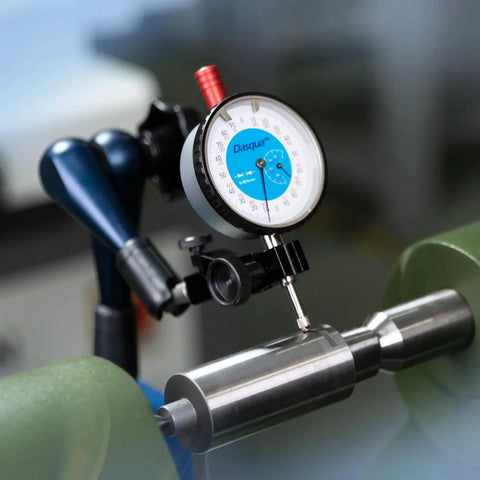Industrial Strength Magnetic Base Indicator Holder With Fine Adjustment For Lathes And Mills installed on a metal lathe