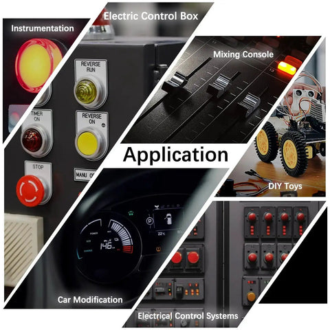 Applications of Five Pack LED Indicator Lights 12V to 24V Waterproof IP65 Metal Signal Lamps in various settings, including cars and electronics.