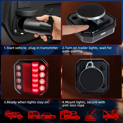LAMPEASE wireless trailer light kit with magnetic mount; rechargeable red LED brake/turn/reverse lights installation collage