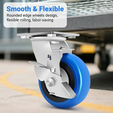 5 Inch Heavy Duty Caster Set Of Four With 3500 Lbs Industrial Grade Capacity And Upgraded Thickened Bracket Smooth Rolling Wheels For Cart Bases Two Brakes And Two Rigid Castors Ideal For Warehouses Workshops And Industrial Use caster with blue wheel and brake installed on cart