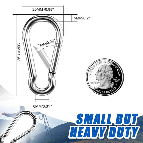 Carabiner clip, stainless steel, 1.97 in, heavy-duty for camping, hiking, keys