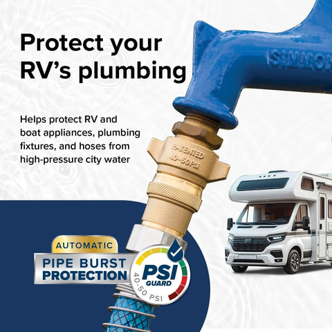 Camco brass marine/RV water pressure regulator attached to hose fitting, protects RV plumbing, 40–50 PSI
