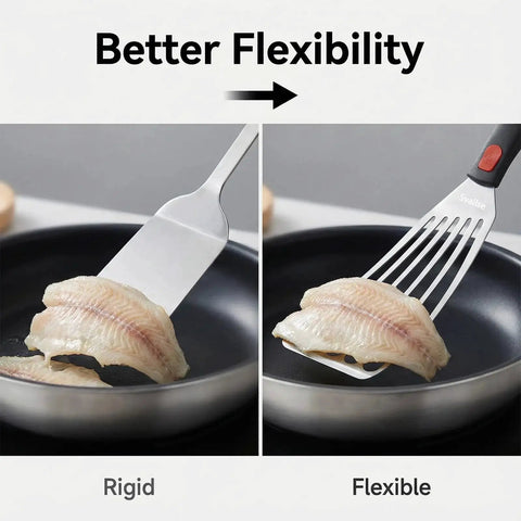 Flexible Stainless Steel Fish Spatula With Silicone Handle Slotted Turner demonstrating flexibility with fish fillet