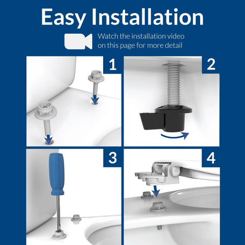 Installation steps for Lift Off Wood Elongated Toilet Seat With Easy Clean Hinges Cotton White, showing tools and hinge attachment.