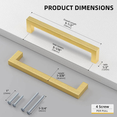 Five Inch Gold Cabinet Pulls 35 Pack Brushed Brass Drawer Handles Modern Square Stainless Steel Hardware dimensions