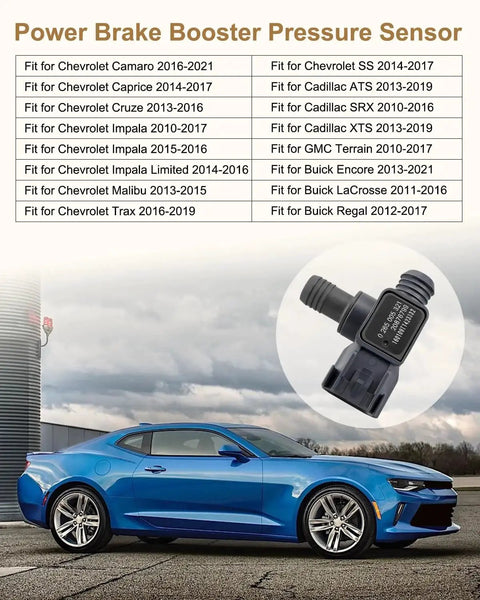 Power brake booster pressure sensor for GM vehicles; black sensor with connector, shown next to a blue car.