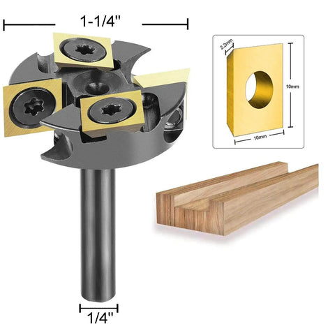 Two Plus Two Flute Slab Flattening Router Bit With One Quarter Inch Shank And One And One Quarter Inch Cutting Diameter Carbide Insert Spoilboard Surfacing Bit With ATS Coating For Softwood Hardwood And MDF Replaceable Ten By Ten By Two Point Two Carbide