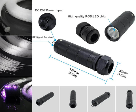 Components of Bluetooth RGBW Fiber Optic Star Ceiling Kit with App Control, showing the LED chip and fiber strands.