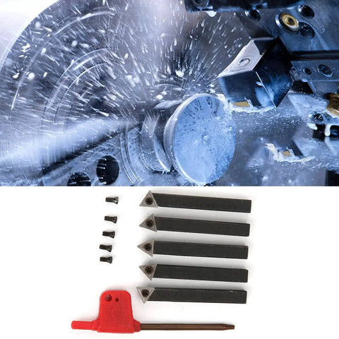 5 Piece One Quarter Inch Indexable Turning Tool Set With Pro Grade Cemented Carbide Inserts 60 Degree 75 Degree And 90 Degree For Lathe Turning Facing Boring Chamfering And Surface Cutting Durable High Precision with visible lathe operation and tool components.
