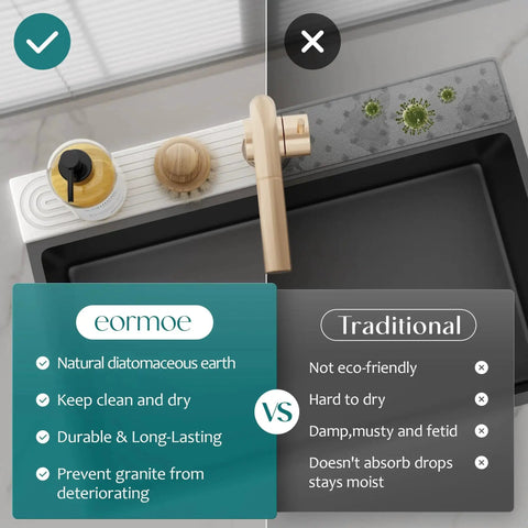 Sink with diatomite stone kitchen sink mat and splash guard for moisture absorption comparison with traditional mat