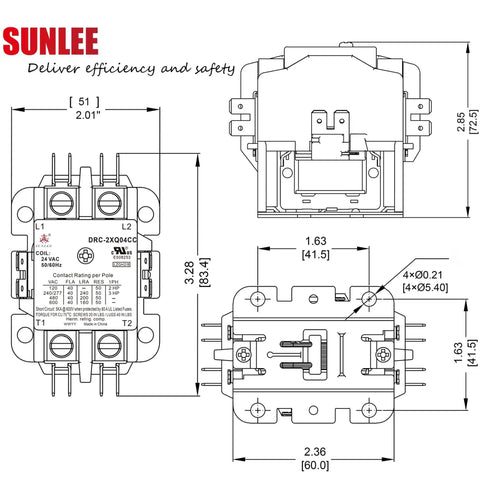 Technical diagram of 2 Pole 40 Amp AC Definite Purpose Contactor With 24 VAC Coil, silver contacts, UL Recognized, A2L Compliant