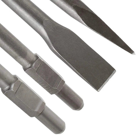 Close-up of Jack Hammer Drill Bit Set 16 Inch Four Pack For Demolition And Concrete Breaking With Flat Tip and Bull Point Chisels