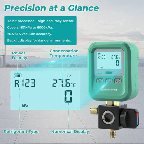 3 In 1 HVAC Digital Manifold Gauge For Refrigerant Charging Vacuum Testing And Leak Detection NIST Compatible High Precision Pressure Meter For AC Pros And DIYers All In One Tool For Fast And Accurate System Service showing LCD screen with temperature and pressure readings.