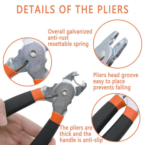 Straight Hog Ring Pliers Kit With 600 Galvanized Rings showing close-up of anti-rust spring and plier head groove
