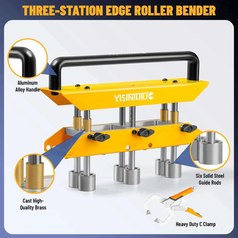 Three Station Edge Roller Bender For Sheet Metal, 0 To 90 Degree Bends, shows aluminum handle and six steel guide rods