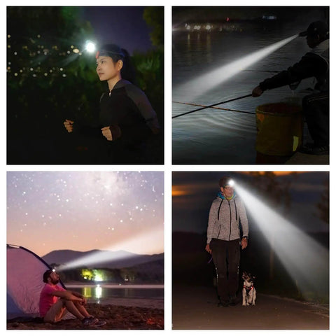 Rechargeable Motion Sensor Cap Visor Light in use for running, fishing, camping, and walking at night showcasing adjustable LED brightness.