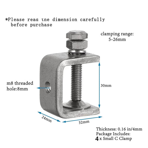 Four Piece 304 Stainless Steel C Clamps Heavy Duty Set For Woodworking Welding Building DIY Projects Tiger Clamp G Clamp Side View