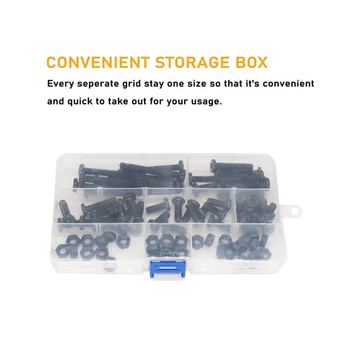 Grab This Handy Black 1/4-20 Hex Socket Cap Screw And Nut Kit For Furniture Repairs in transparent storage box with compartments