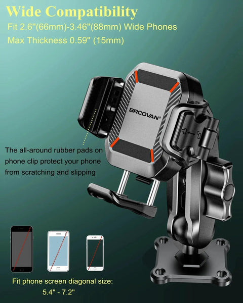 Anti-Theft Phone Mount With Vibration Dampener and Aluminum Arm, Square Base, Fits 5.4 to 7.2 Inch Phones, Front View