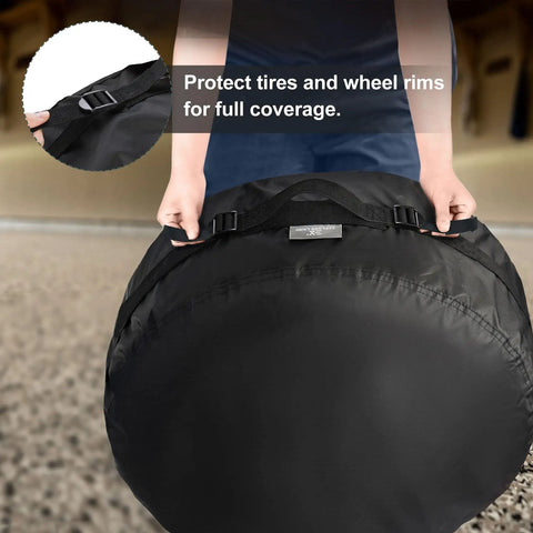 Seasonal Tire Covers Bag Set With Handles For Spare Tires By Explore Land, close-up of heavy-duty black tote with adjustable straps.