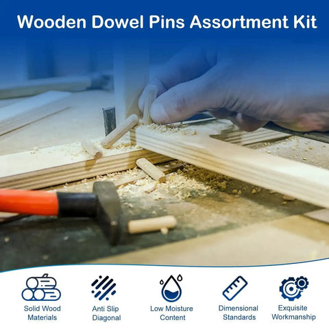 Hand using Nine Sizes 230 Piece Wood Dowel Kit With Fluted Twill Grooved Dowel Pins for carpentry on wooden boards