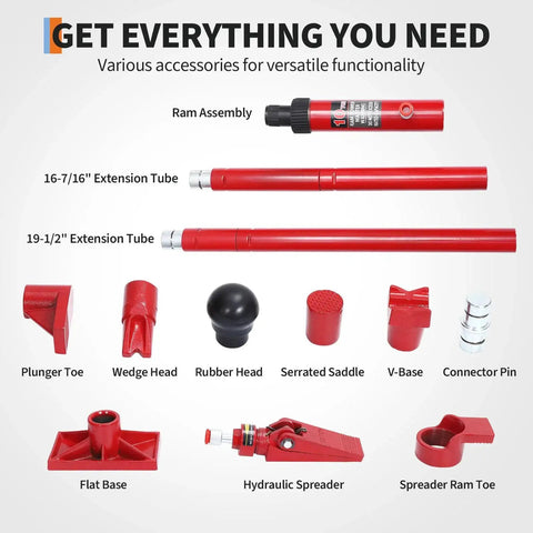 10 Ton Hydraulic Porta Power Kit With Wheeled Case Ram Pump Hose For Automotive showing various red accessories and extensions.