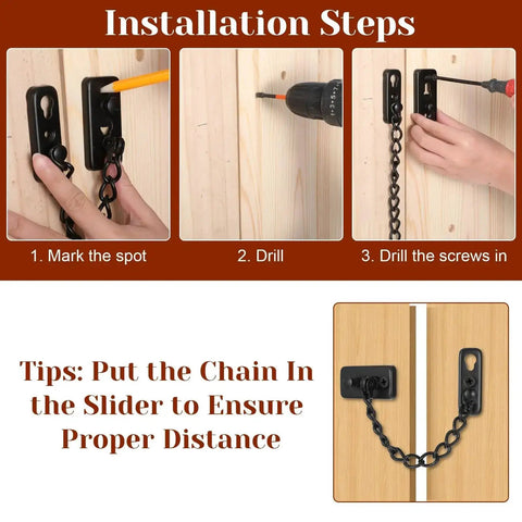 Installation steps for Heavy Duty Stainless Steel Door Chain Lock With Spring Loaded Push Button Latch And Thickened Chain Black Finish
