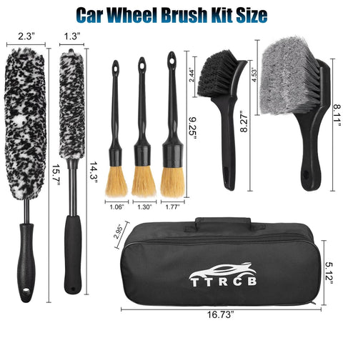 All In One Pro Grade Wheel And Tire Detailing Kit With Eight Brushes Including Four Wheel Cleaning Tools And Three Boar Hair Detail Brushes Plus A Hard Tire Scrubber Flexible Rim Cleaning Set For Cars Motorcycles And Trucks with storage bag and size dimensions