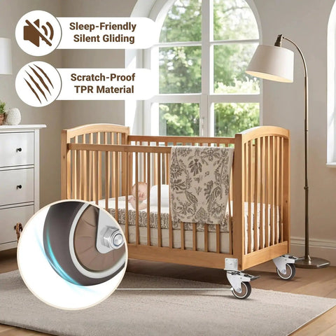 Side Mount 3 Inch Caster Wheels Set Of 4 With Locking Brakes Silent Rubber for Smooth Mobility on a crib in a nursery setting