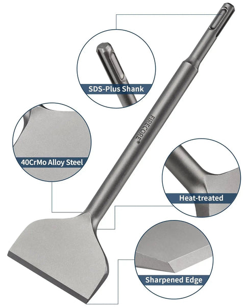 Alloy Steel Cranked Tile Removal Chisel For SDS Plus Rotary Hammers 3 Inch Wide By 10 Inch Long Bent Tile Chisel Bit For Ceramic Tile Cement Thinset Mortar Vinyl Fits Dewalt Bosch Milwaukee Makita Hitachi SDS Tools FS18310 close-up view with SDS-Plus shank.