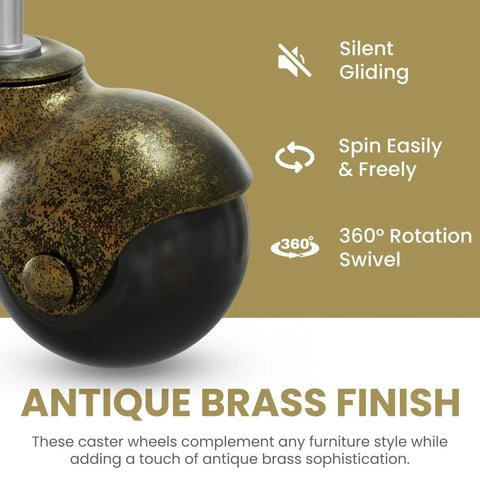 Close-up of Set Of 4 Antique Brass Swivel Stem Ball Caster Wheels With Socket showing silent gliding and 360-degree swivel features.