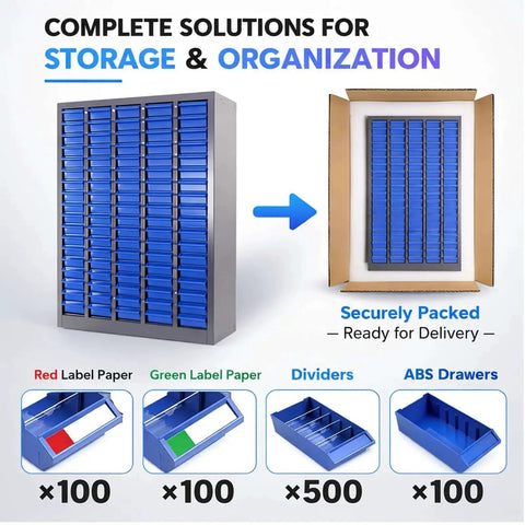 Heavy-Duty Alloy Steel Tool Storage Cabinet With 100 Drawers And Dividers, Nut And Bolt Organizer, Blue, packaging view