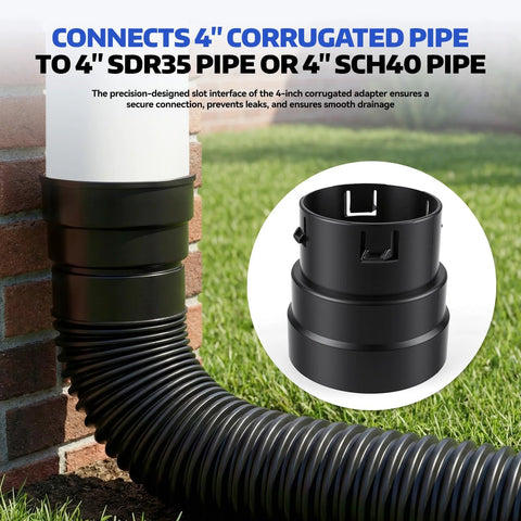 Black 4-inch PVC to corrugated pipe adapter, push-fit connector for 4-inch corrugated drain to SDR35/SCH40 PVC pipes