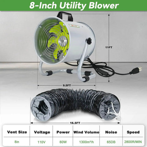 8 Inch Utility Blower Exhaust Fan Built Tough With 16.4 Ft Duct Hose 2800 RPM High Speed Low Noise Ventilation Fan For Industrial Welding Paint Booths Basements And Warehouses Delivers 1300m3h Airflow