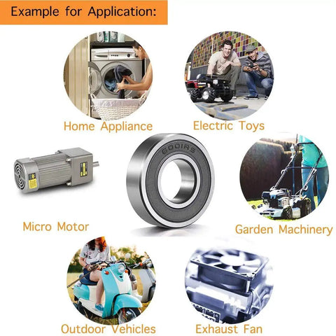 Examples of High Speed Double Sealed 6001 Ball Bearing applications in home appliances, electric toys, garden machinery, micro motors, outdoor vehicles, and exhaust fans.