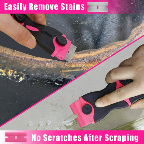 Close-up of Pink Razor Scraper Kit With 3 Scrapers And 45 Replacement Blades Including 15 Metal And 30 Plastic Blades in use
