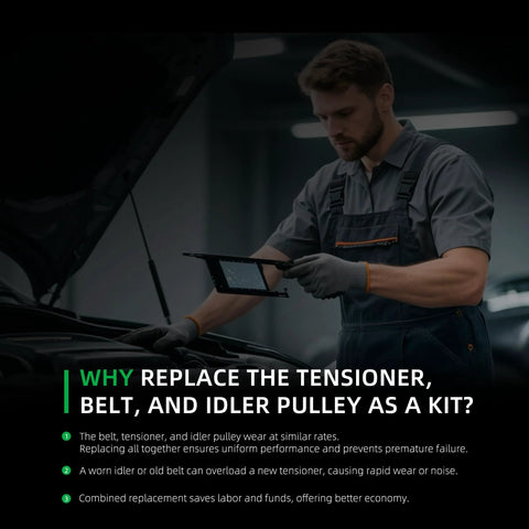 Mechanic checking a tablet next to engine hood, discussing Serpentine Belt Tensioner Kit For Toyota Camry 2.5L L4 2010 2011