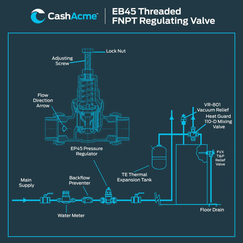 CashAcme EB45 1-in NPT threaded pressure regulator valve schematic with main supply and backflow preventer.