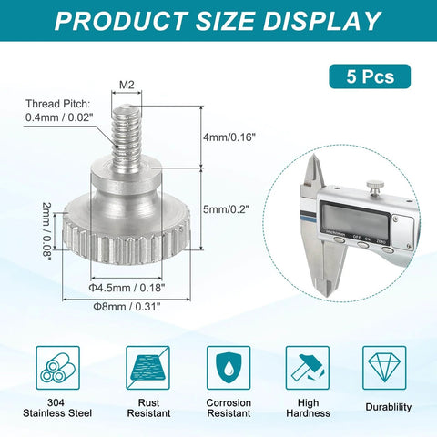 5 Pack M2 X 4mm Vernier Caliper Screws 304 Stainless Steel Flat Head Shoulder Thumb Screws With Diamond Knurl Grip Metric Thread Hand Tighten Fasteners For Calipers Machinery Tools And Fixtures shown with product dimensions and features.