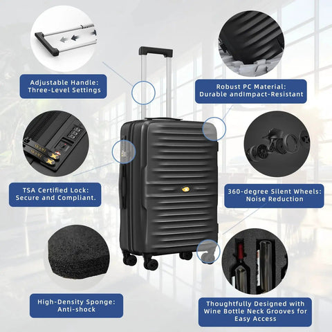 Wine Lovers 10 Bottle Travel Case With TSA Lock And Silent Spinner Wheels Durable Black Luggage shown with features and removable inserts by Serabetto
