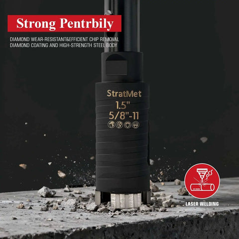 Close-up of 1.5 Inch Dry Core Drill Bit With Pilot Bit And SDS Plus Adapter, 3 Inch Drilling Depth, Diamond Core Bit With Turbo Laser Welded Segments For Concrete Brick Block Stucco And Masonry, Heavy Duty Performance.