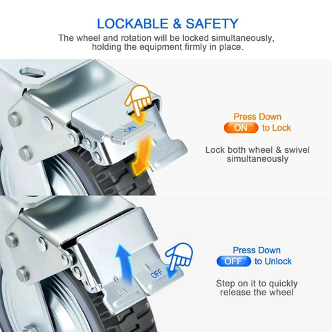 Lockable safety feature of 8 Inch Heavy Duty Caster Wheels Set With 2 Braked Swivel Casters And 2 Fixed Industrial Plate Casters Total Capacity 3500 Lbs 1600 Kg For Workbenches Carts Trolleys And Warehouse Equipment