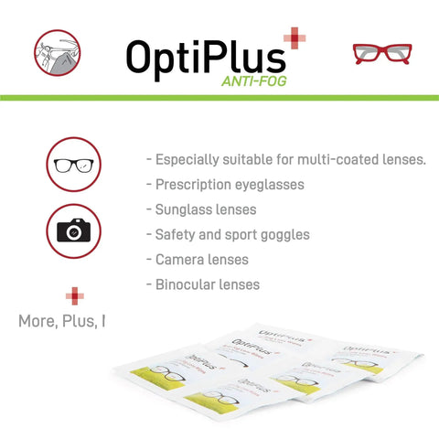 Anti Fog Lens Wipes For Glasses And Screens Quick Dry Scratch Free Two Pack packaging with usage icons and benefits list.