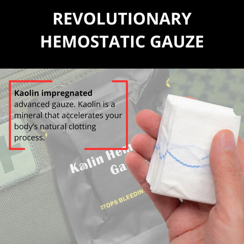 Advanced Quick Clot Combat Gauze held in hand, highlighting kaolin technology for fast bleed stop. Hemostatic gauze pack visible.