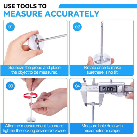 Guide on using Six Piece Bore Hole Gauges Set 5/16 To 6 Inches with instructions for measuring accuracy with telescoping gauge and lock.