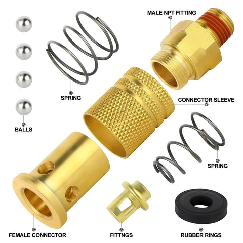 Set Of 2 Brass Quick Connect Air Couplers One Quarter Inch NPT Male Threads with disassembled components labeled