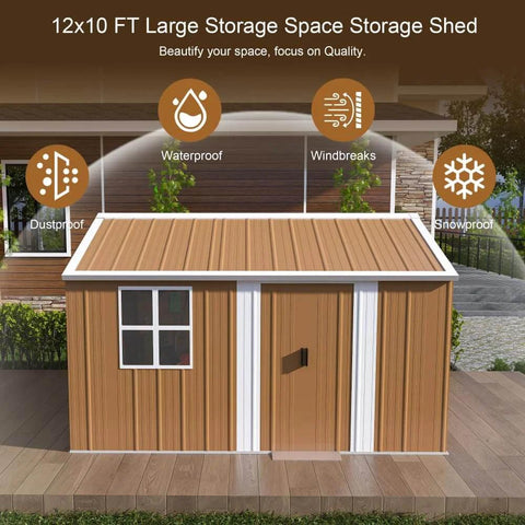 Front view of 10x12 Ft Heavy Duty Metal Outdoor Storage Shed With Lockable Sliding Door Windows And Ventilation Weatherproof Garden Shed