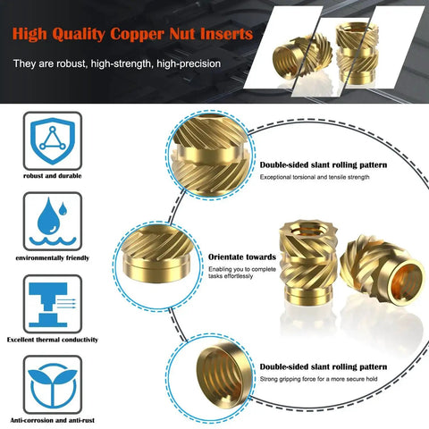 80Pcs Brass Heat Set Threaded Inserts For Plastic And 3D Printing, SAE Knurled Female Thread Nuts Assortment Kit, Size 8 32 By 5 32 By 6.3 Mm, showing high-quality copper nut inserts features.